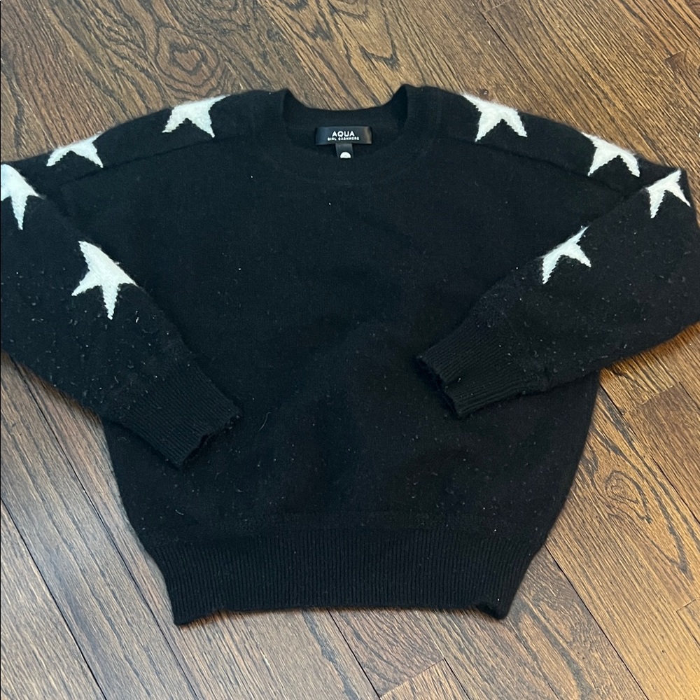 Girls Aqua Black Cashmere Crewneck Pullover Sweater with White Stars